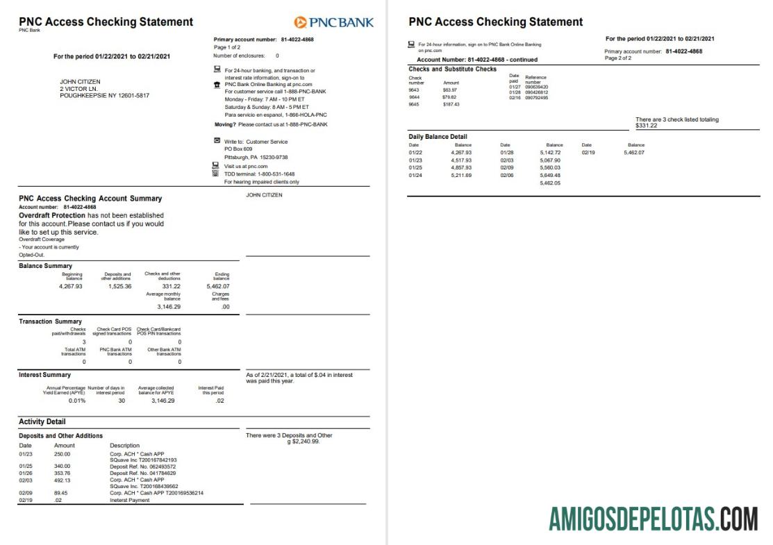 Extrato bancário PNC dos EUA para impressão, modelo Word e PDF, 2 páginas